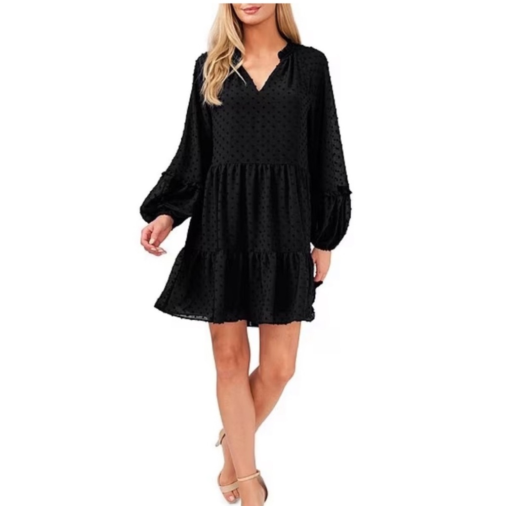 CeCe Long Sleeve V-Neck Tiered Ruffled Clip-Dot Babydoll Dress size 1x